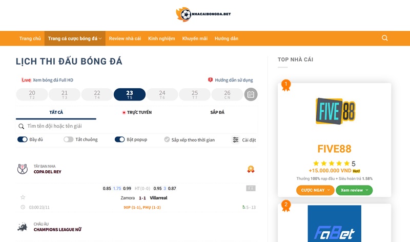 Cập nhật lịch thi đấu bóng đá