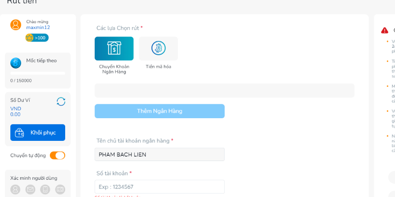 Những lưu ý khi nạp rút tiền tại nhà cái BK8